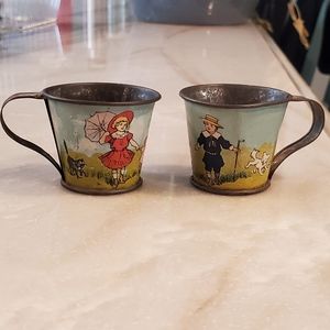 2 Antique Victorian Tin Litho Toy Cups